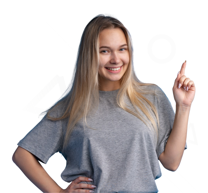 Ragazza sorridente con mano sui fianchi e l'altra che indica un'offerta di Foligno Pubblicità