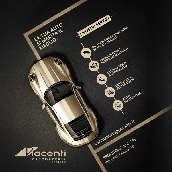 Vista dall’alto di una Porsche dorata su sfondo scuro con grafica dei servizi di carrozzeria, tra cui riparazioni Tesla certificate, verniciatura e sistemi elettronici
